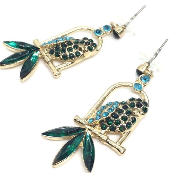 3/$30 RHINESTONE PARROT BIRD EARRINGS BLUE GREEN GOLD TONE TROPICAL DANGLE DROP - Picture 8 of 14